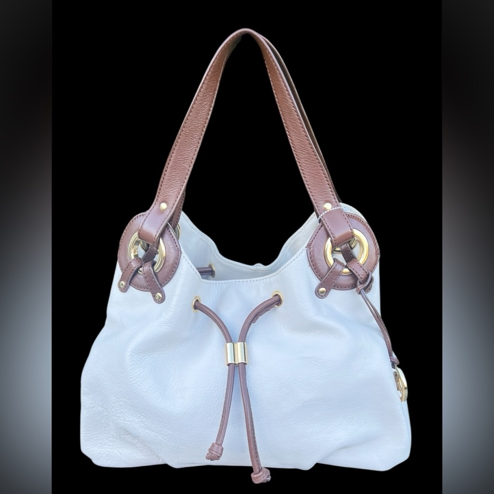 Michael Kors White and Brown Pebbled Leather Shoulder Bag
